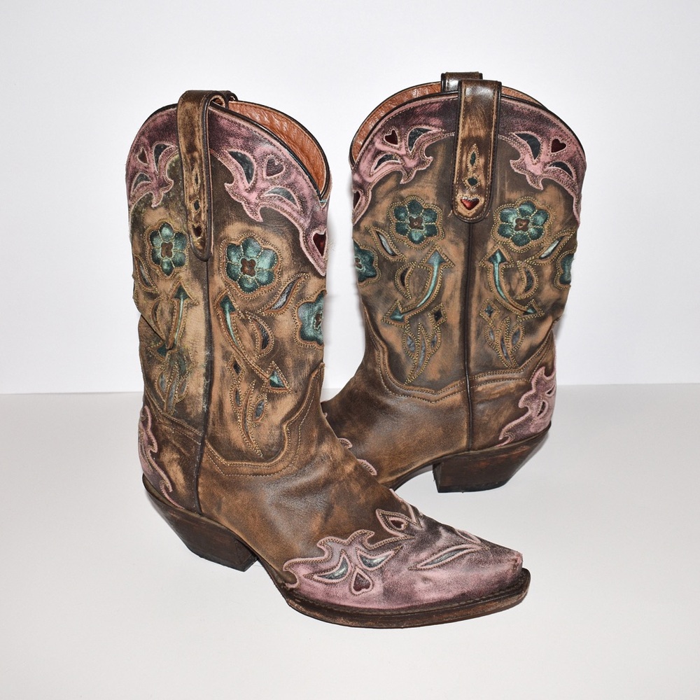 Dan Post Sanded Blue Arrow Pink Tip Western Boots